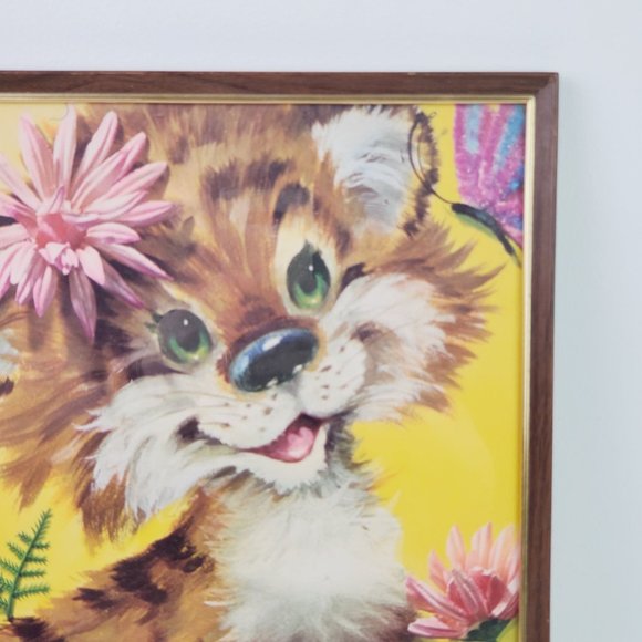 Vintage 1970's Nursery Art Lot Framed Big Animal Elephant & Tiger Kitty - Picture 8 of 13